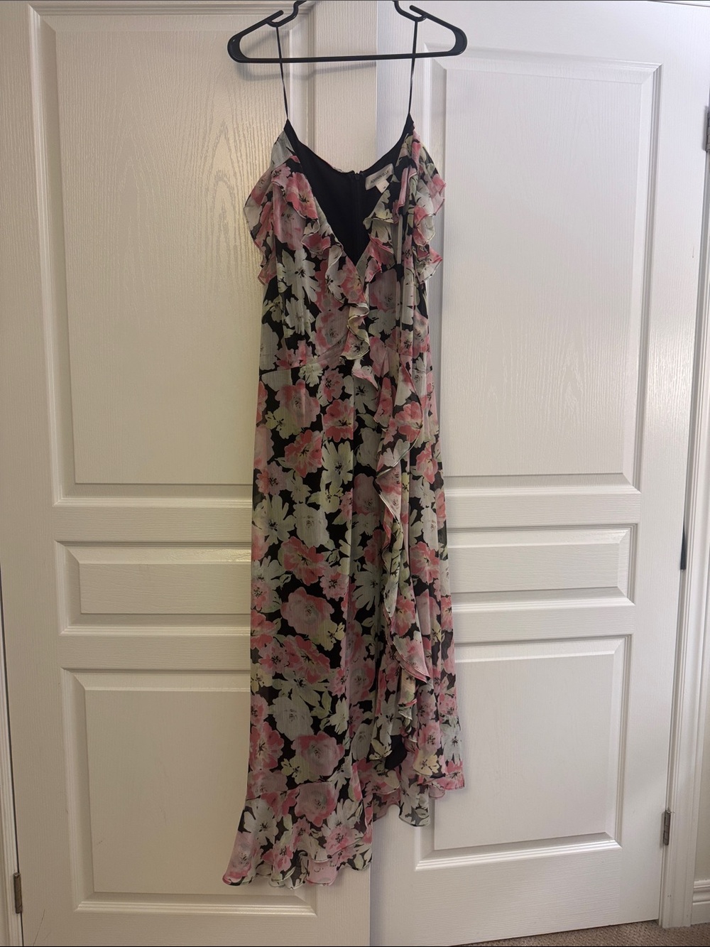Addition Elle Black Floral High-Low Slip Dress with Pink and Cream Blooms